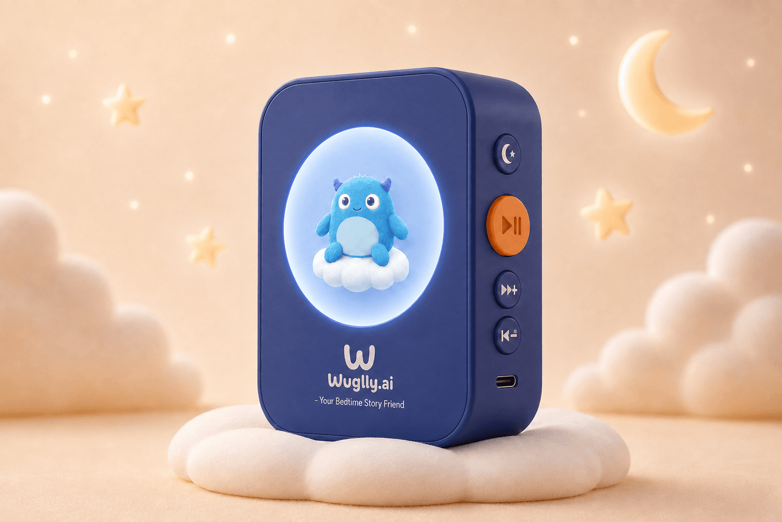 Wuggly bedtime story player with a friendly blue character